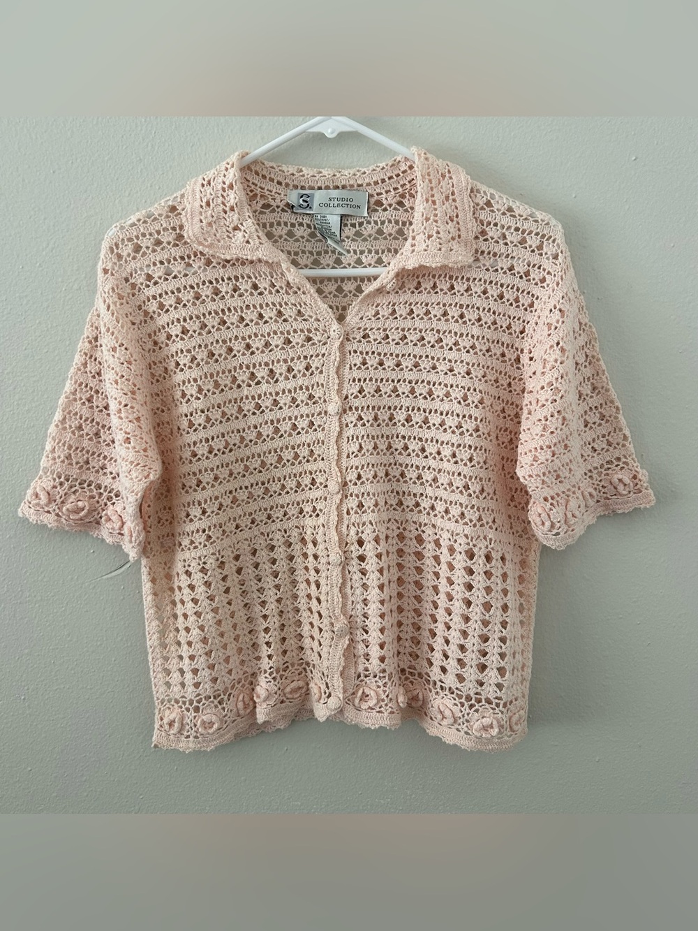 Vintage Light Pink Crochet Collared Short Sleeve Cardigan Sweater Top Women’s M